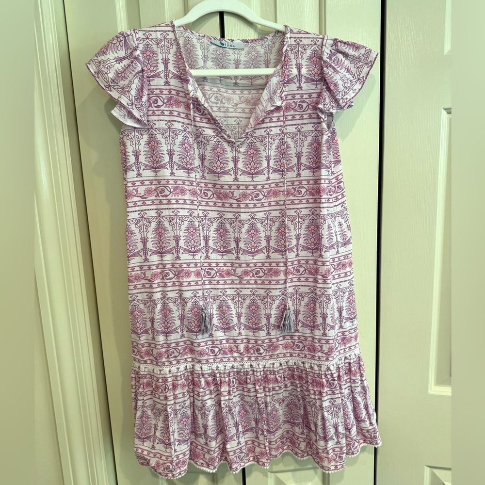 Hindu-Girls' Purple Patterned Flutter-Sleeve Dress